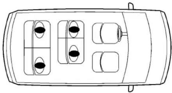 Top-down line drawing of a car's rearview layout with four vehicle positions (no text or symbols)