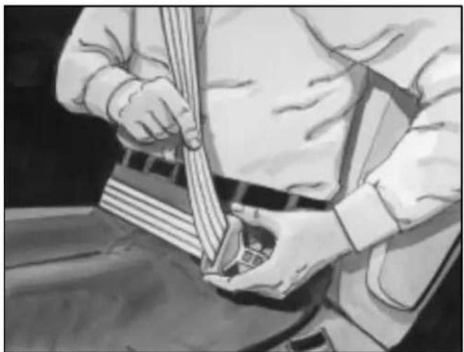 Black-and-white illustration of a person's seatbelt being adjusted for a car (no text or symbols visible)