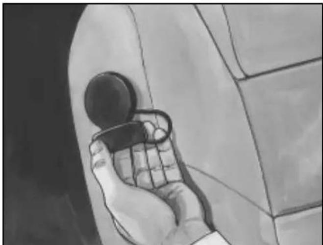 Black-and-white illustration of a hand holding a small object, possibly a device or tool, against a tiled wall (no text or symbols visible)