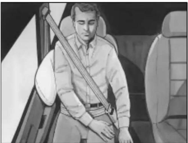 Black-and-white illustration of a man sitting in a car seat, holding a long string (no text or symbols visible)