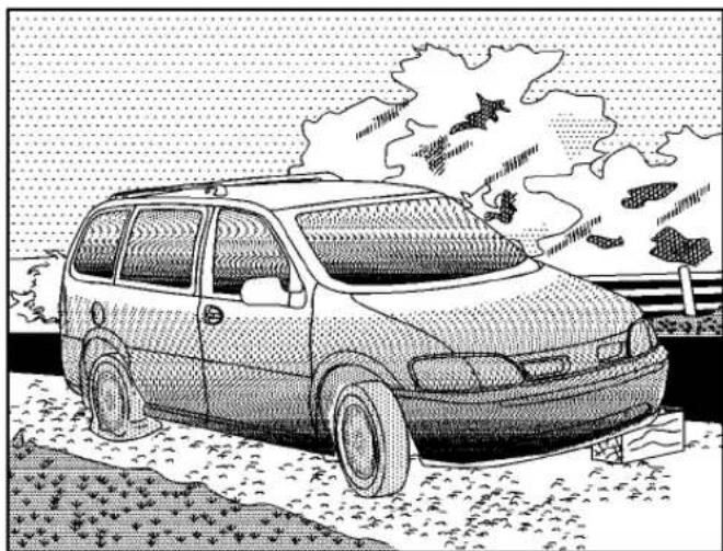 Black-and-white illustration of a car parked on a dirt path with trees and a flag in the background (no text or symbols)