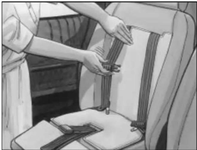 Illustration of a person adjusting a seatbelt in a vehicle (no text or symbols visible)