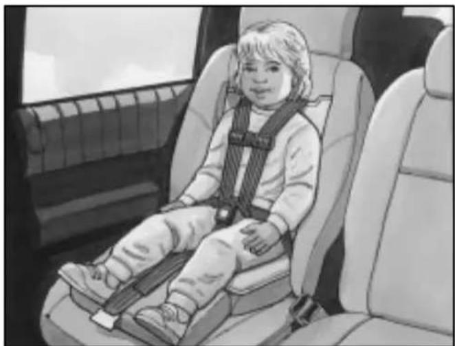 Black-and-white illustration of a child sitting in a car seat, wearing a vest and harness (no text or symbols visible)