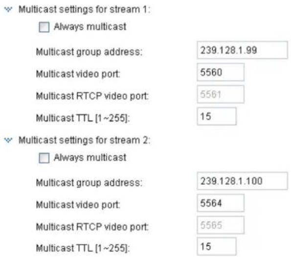 Multicast settings for stream 1: □ Always multicast Multicast group address: 239.128.1.99 Multicast video port: 5560 Multicast RTCP video port: 5561 Multicast TTL [1~255]: 15 Multicast settings for stream 2: □ Always multicast Multicast group address: 239.128.1.100 Multicast video port: 5564 Multica…