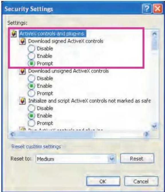 Security Settings Settings: ActiveX controls and plug-ins Download signed ActiveX controls Disable Enable Prompt Download unsigned ActiveX controls Disable Enable Prompt Initialize and script ActiveX controls not marked as safe Disable Enable Prompt Drop ActiveX controls and plug-ins Reset custom se…