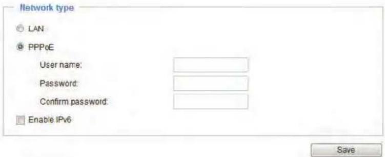 Network type ○ LAN ● PPPoE User name: Password: Confirm password: □ Enable IPv6 Save