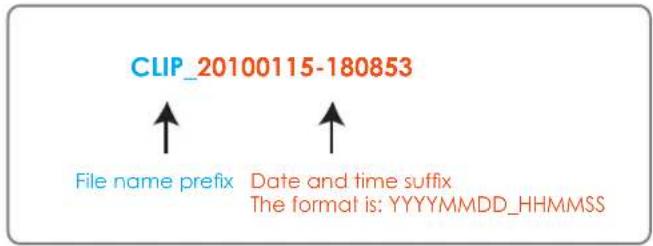 CLIP_20100115-180853 File name prefix Date and time suffix The format is: YYYYMMDD_HHMMSS