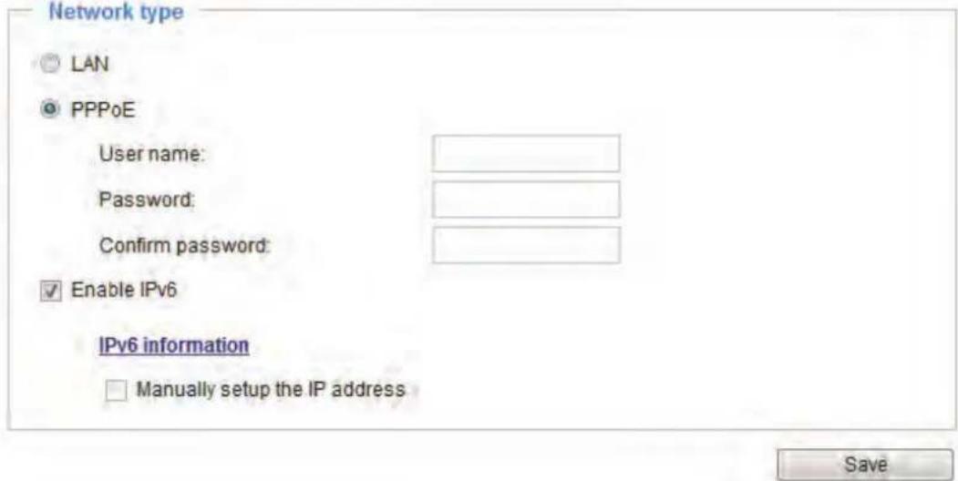 Network type ○ LAN ● PPPoE User name: Password: Confirm password: ✓ Enable IPv6 IPv6 information □ Manually setup the IP address Save