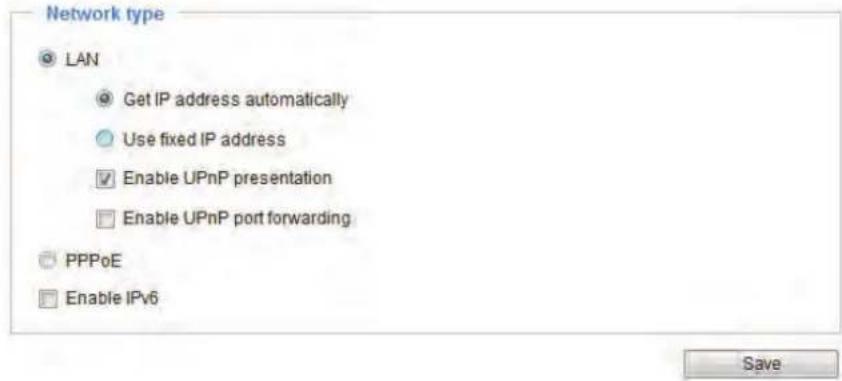 Network type LAN Get IP address automatically Use fixed IP address Enable UPnP presentation Enable UPnP port forwarding PPPoE Enable IPv6 Save