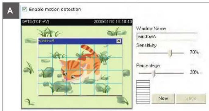 Enable motion detection DATE(TCP-AV) 2000/01/10 15:50:43 Window Name windowA Sensitivity 70% Percentage 30% New SAVE