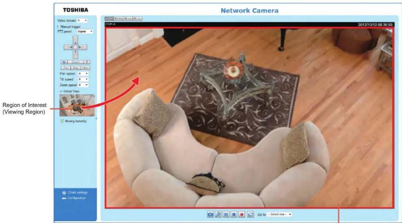 TOSHIBA Video stream 1 Manual trigger: PTZ panel Digital W Zoom Pan Speed 0 Tilt speed 0 Zoom speed 0 Global View Region of Interest (Viewing Region) Moving Instantly Clint settings Configuration Network Camera TCP-V) 2012/10/12 08:36:55 Go to Select one