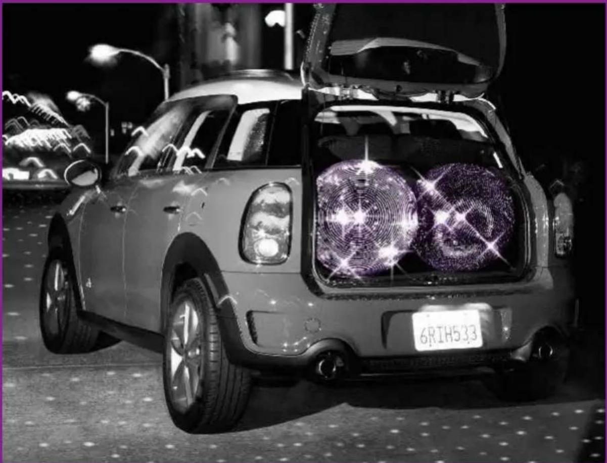 Black-and-white photo of a Mini Cooper car with illuminated '6RIH533' license plate, no visible text or symbols on the vehicle itself.