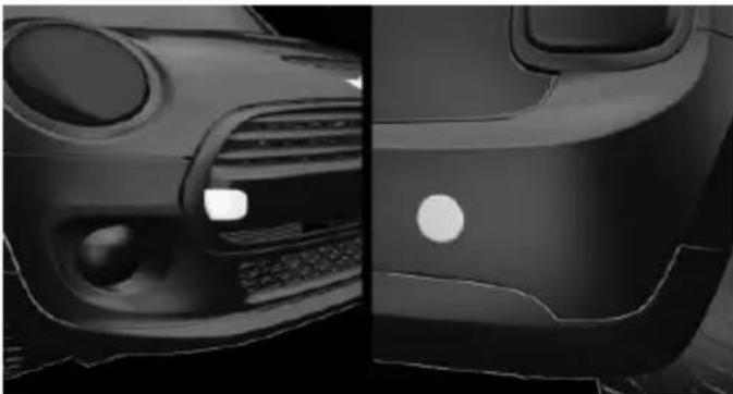 Side-by-side comparison of a car's front and side profiles, showing engine and dashboard components (no text or symbols)
