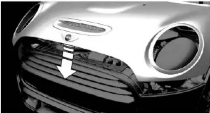 Close-up of a car's grille and grille with a white arrow pointing to the grille (no text or symbols visible)