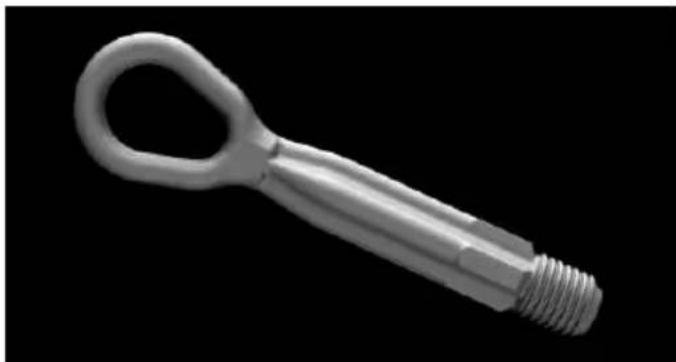 3D rendered image of a metallic hook-shaped tool with threaded end (no text or symbols)