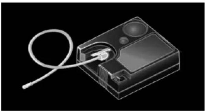 Illustration of a rectangular electronic device with a coiled cable and ports, no text or symbols present.