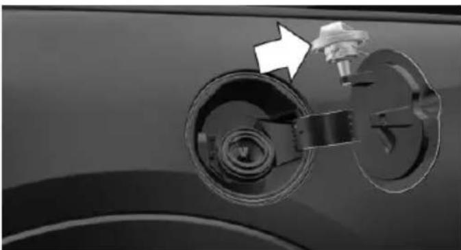 Close-up of a car's front wheel assembly with a white arrow pointing to the dial (no text or symbols visible)