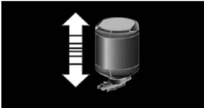 3D rendered mechanical component with vertical double-headed arrow indicating upward motion (no text or symbols)