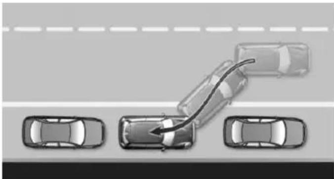 Top-down diagram of a road with cars and a curved arrow indicating direction (no text or symbols)