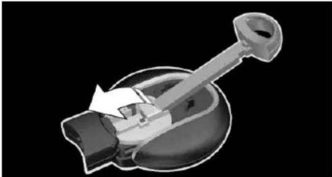 Cross-sectional diagram of a mechanical device with a handle and internal components, no text or symbols present