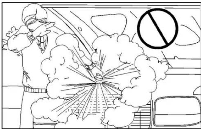 Cartoon illustration showing a person in protective gear emitting exhaust smoke with a 'No' symbol, likely indicating no pollution or no emission.