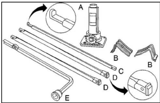 Technical diagram of a mechanical assembly with labeled parts A through E, showing exploded and assembled views.