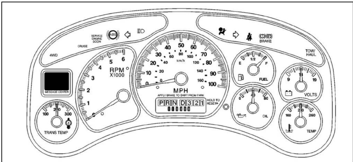 SERVICE ENGINE SOON ABS CRIUSE 4WD RPM X1000 MESSAGE CENTER 2 1 0 -1 100 2 300 TRANS TEMP MPH APPLY BRAKE TO SHIFT FROM PARK PRND321 HOLD TO RESET# OIL 160 260 TEMP E 1/2 F FUEL 1/2 9 19 TOW/ HAUL O(X)(P) BRAKE