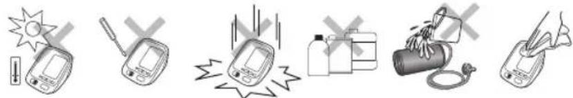 Illustration showing five different types of blood glucose metering and testing procedures, including radiation, test tube, blood pressure monitor, and digital device.