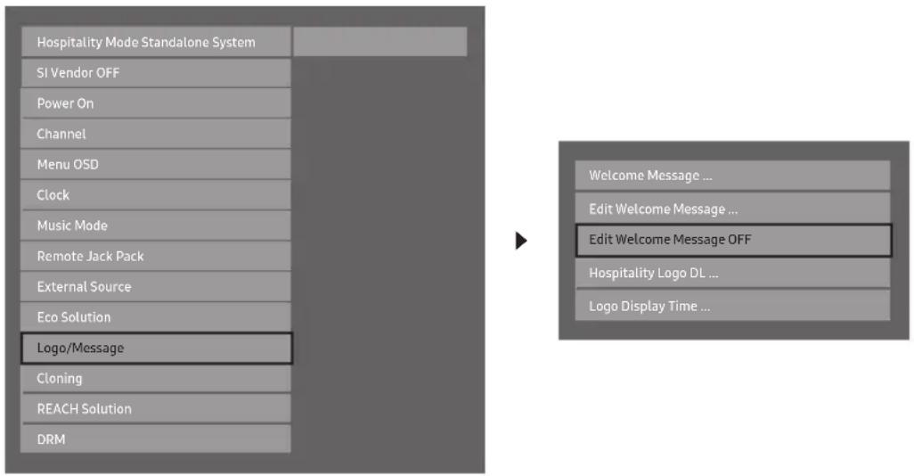 Hospitality Mode Standalone System SI Vendor OFF Power On Channel Menu OSD Clock Music Mode Remote Jack Pack External Source Eco Solution Logo/Message Cloning REACH Solution DRM