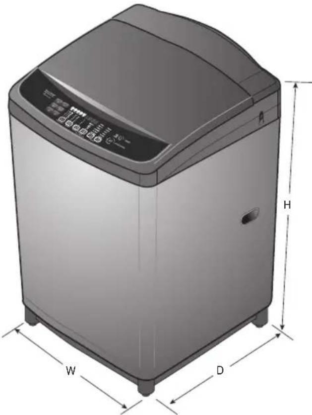 Illustration of a modern kitchen washing machine with labeled dimensions (W, D, H) and control panel (no text or symbols on the device itself)
