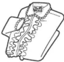 Line drawing of a blouse with ruffled collar and pleated hem (no text or symbols)
