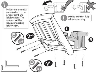 Make sure armrests are attached to the proper right and left locations. The armrest will be labeled indicating left or right. 2nd extend armrest fully before attaching E x4 D x4 1st