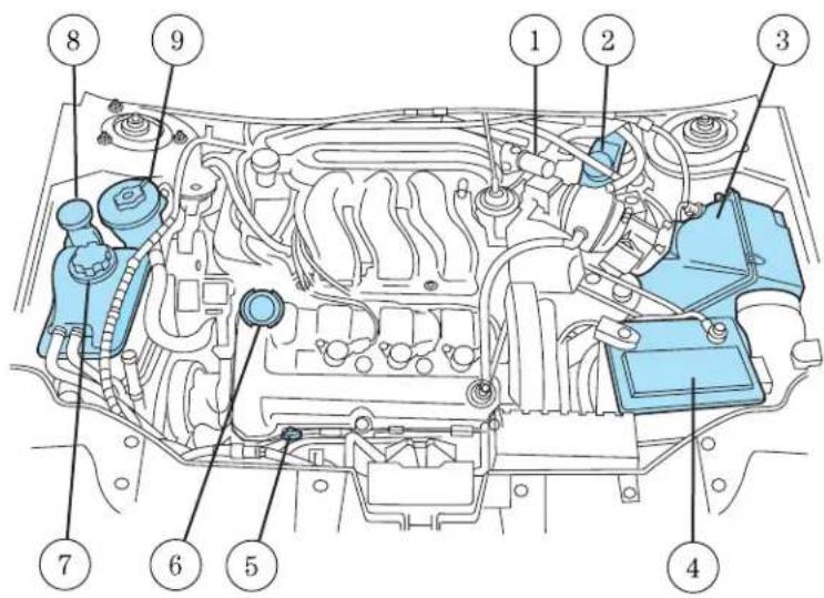 Labeled diagram of an internal combustion engine bay with numbered parts for identification