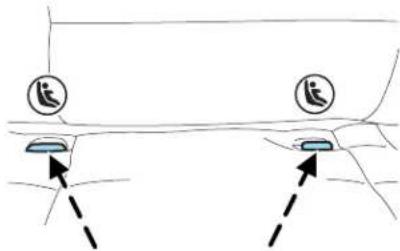 Diagram showing two car seats with circular icons and dashed arrows indicating movement or positioning, likely illustrating a vehicle safety or safety concept.