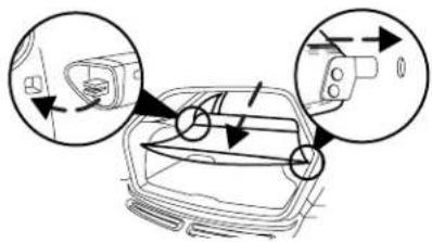Diagram showing car interior components with directional arrows indicating movement or movement, including a device component and fan assembly.