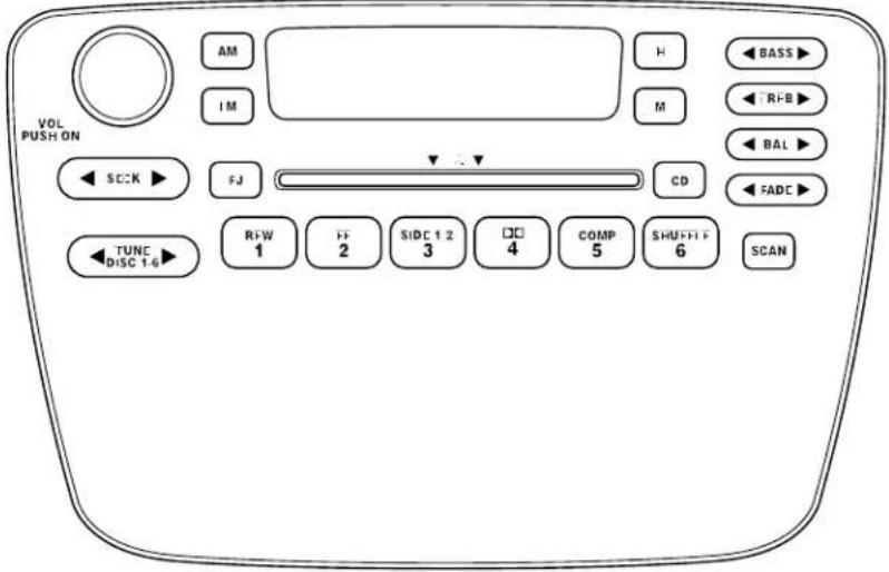 VOL PUSH ON AM IM H M ←BASS ←RI-B ←BAL ←FADC ←TUNC DISC 1.6 FJ CD RI-W 1 FF 2 SIDC 1.2 3 □□ 4 COMP 5 SHUFFI 6 SCAN