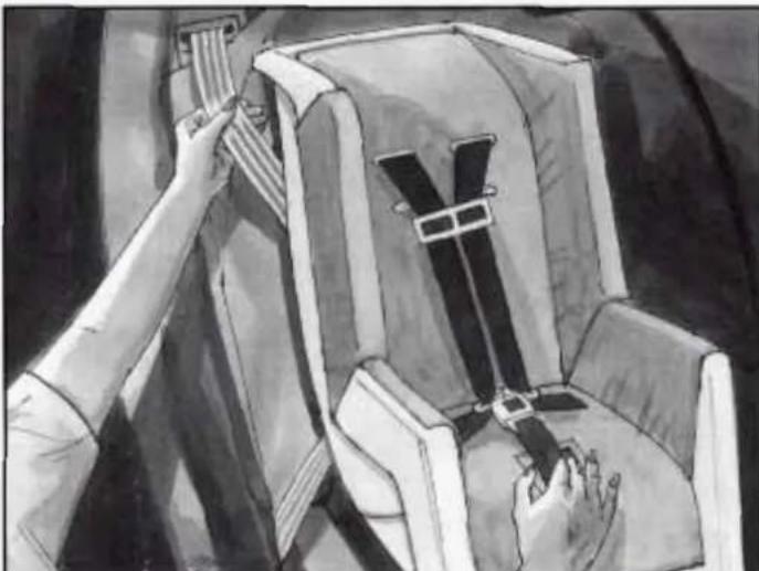 Illustration of a person using a seatbelt to lift a passenger seat (no text or symbols visible)