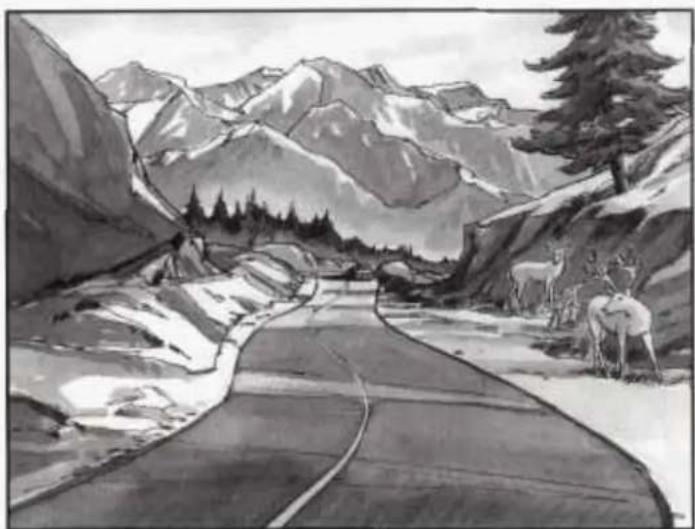 Black-and-white landscape sketch of a winding mountain road with deer and evergreen trees, no text or symbols present.