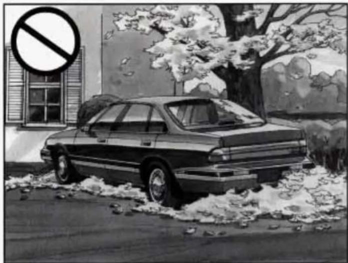 Black-and-white illustration of a car parked in front of a building with a large 'no' symbol (no text or numbers present)