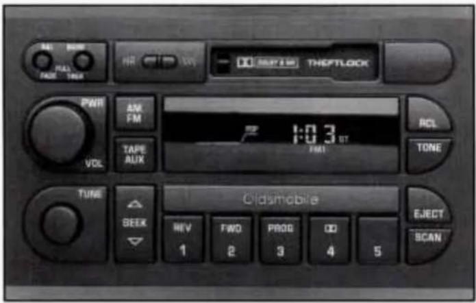 AIR RUN RUN FADE THIA HR - 100 MHz THOFTLOCK PWR AM FM 1:03 UT TAPE AUX RCL TONE TUNE Oldsmobile EJECT SEEK REV FWD PROG 00 1 2 3 4 5 SCAN