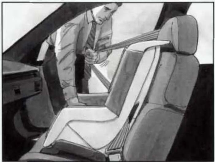Black-and-white illustration of a man sitting in a car seat, holding a belt and inspecting the seat (no text or symbols visible)