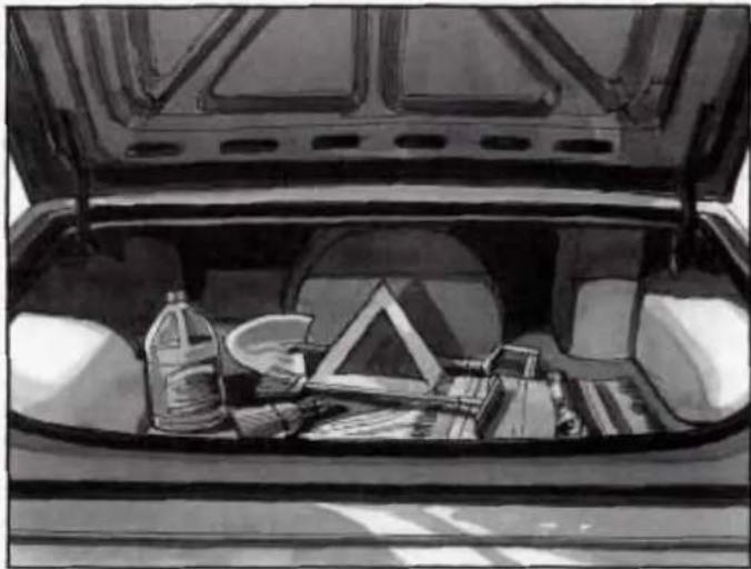 Interior view of a car trunk with open door, containing various items including bottles, a triangular ruler, and containers (no visible text or symbols)