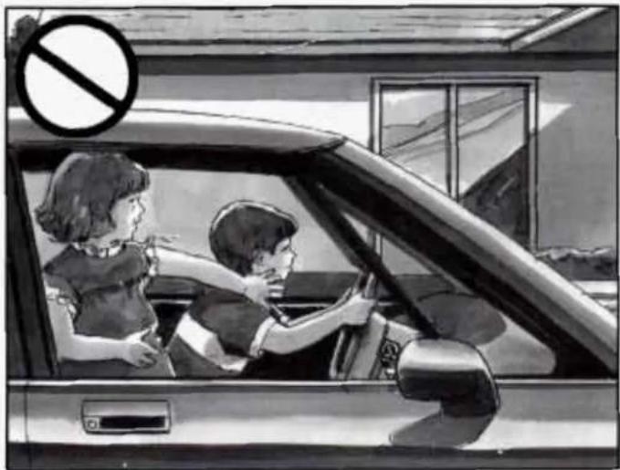 Black-and-white illustration of a car with two people, one standing and pointing at the window, the other seated in the driver's seat; no text or symbols present.