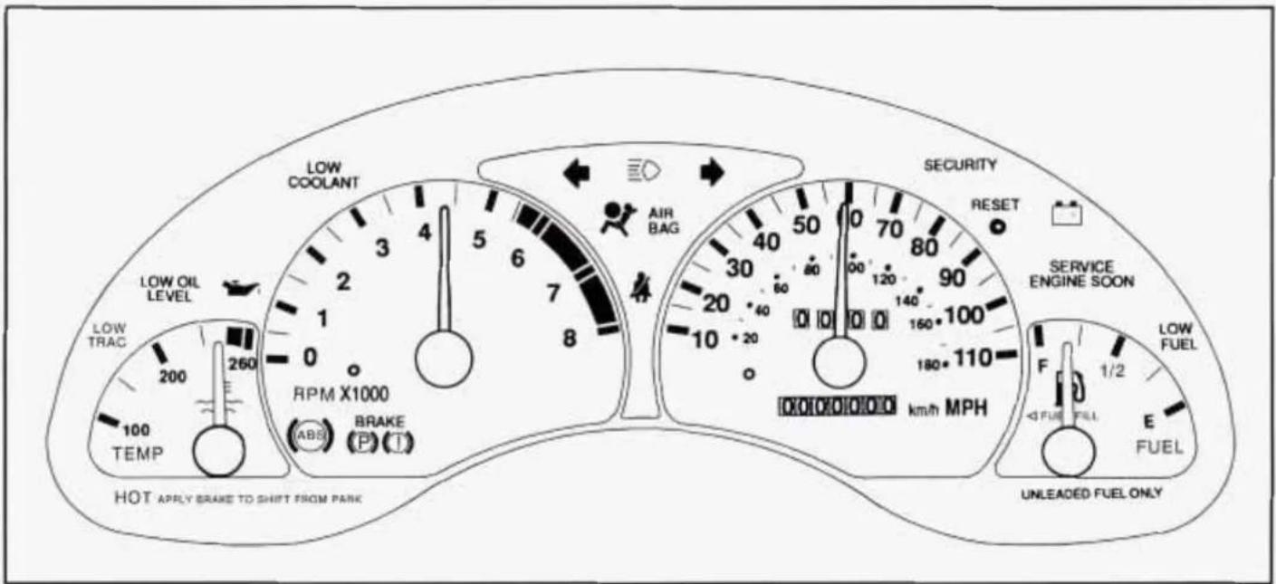 LOW COOLANT AIR BAG SECURITY RESET SERVICE ENGINE SOON 00000000 km/h MPH LOW FUEL 1/2 E FUEL UNLEADED FUEL ONLY LOW OIL LEVEL LOW TRAC 200 260 100 TEMP RPM X1000 ABS BRAKE T HOT APPLY BRAKE TO SHIFT FROM PARK