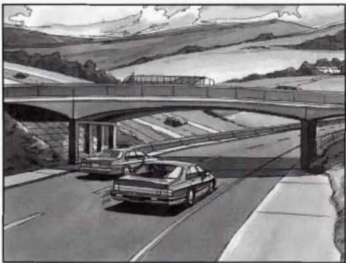 Black-and-white illustration of a highway bridge over a rural landscape with two cars, no visible text or symbols.