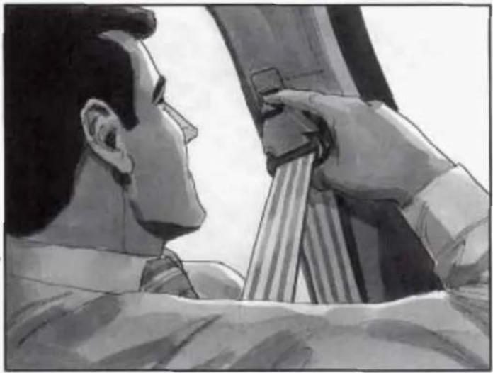 Black-and-white illustration of a person adjusting a seatbelt, viewed from the side (no text or symbols)