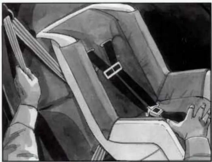 Black-and-white illustration of a person wearing a seatbelt, seated and standing (no text or symbols visible)