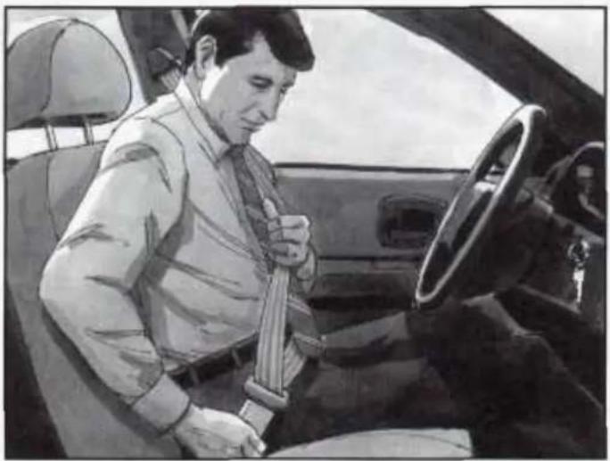 Illustration of a man sitting in a car wearing a seatbelt, no visible text or symbols
