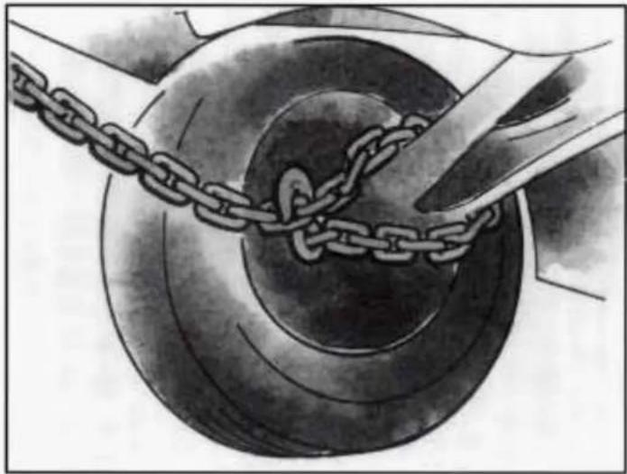 Illustration of a car tire being pulled by chains, showing mechanical components (no text or symbols)