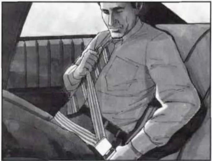 Black-and-white illustration of a man sitting in a car, holding a belt and seatbelt (no text or symbols visible)